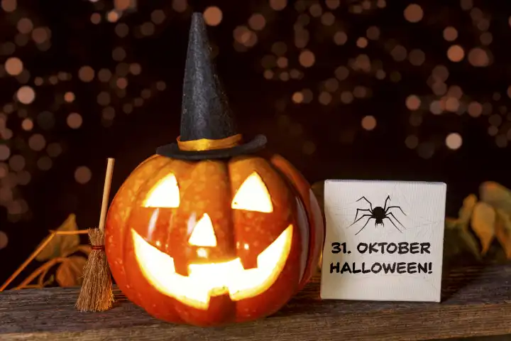 Kürbis Dekoration geschnitzer Kürbis mit Hexenhut und einer Tafel mit Aufschrift 31. Oktober Halloween. Halloween Gruß Konzept FOTOMONTAGE