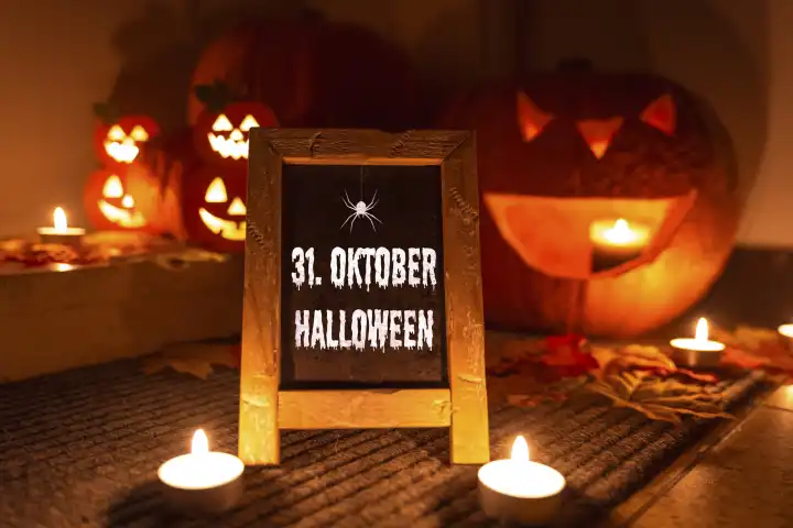 Kürbis Dekoration bei Nacht vor einer Wohnungstüre mit leuchtenden Kerzen und einer Tafel mit einem Halloween Gruß und Aufschrift 31. Oktober Halloween FOTOMONTAGE