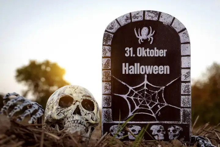 Totenkopf neben einem Grabstein mit Aufschrift 31. Oktober Halloween FOTOMONTAGE