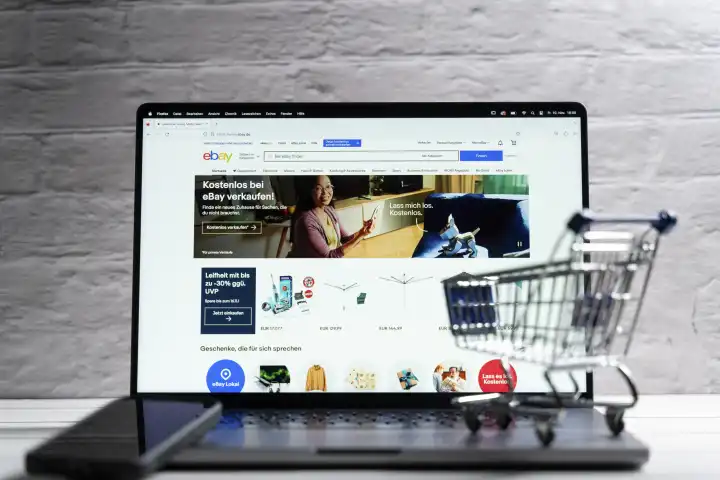 Verkaufsplattform und Online Auktionshaus Ebay, Online-Shop Website auf einem Laptop Bildschirm