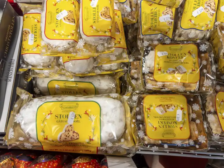 Bavaria, Germany - November 14, 2023: Stollen and Christmas stollen at Christmas time in a food supermarket