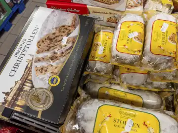 Bavaria, Germany - November 14, 2023: Stollen and Christmas stollen at Christmas time in a food supermarket