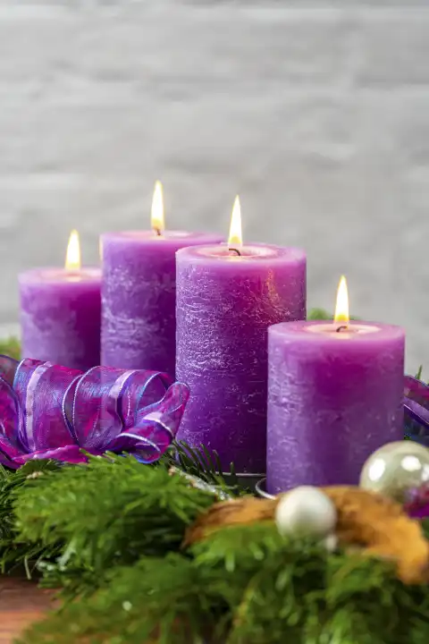 Adventskranz in der Trendfarbe Lila, Vier kerzen brennen auf einem modernen Adventskranz zur Weihnachtszeit