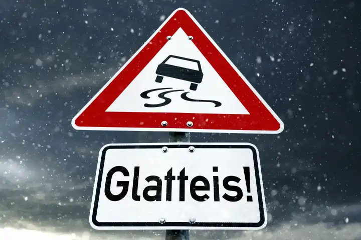 Glatteis Warnschild vor dunklem Himmel mit Schneefall FOTOMONTAGE