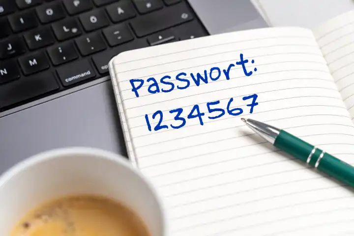 Notiz vor einer Tastatur von einem Laptop Computer, Passwort 1234567. Einfaches Passwort für das Internet FOTOMONTAGE