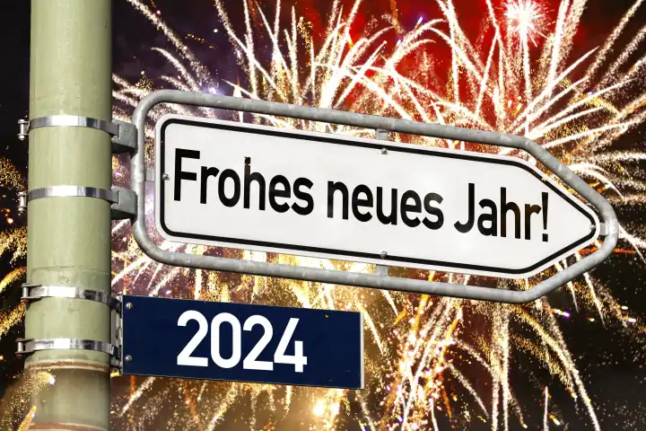 Nachthimmel mit Feuerwerk und ein Wegweiser mit Aufschrift: Frohes neues Jahr 2024. Silvester und Neujahr Symbolbild FOTOMONTAGE