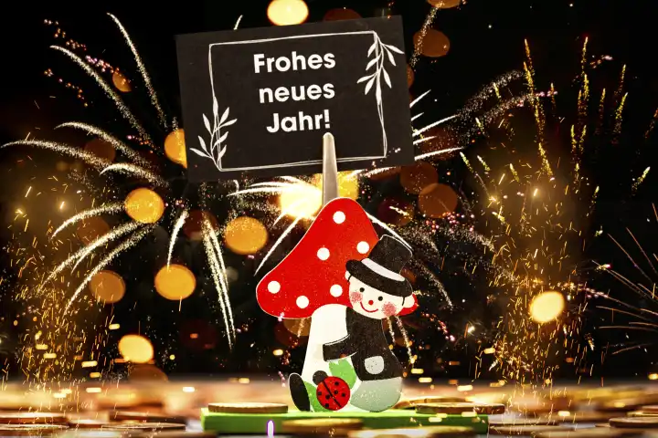 Frohes neues Jahr Gruß Schild an einem Kaminkehrer auf einem Glückspilz umgeben hellem Feuerwerk und Funken. Neujahr und Silvester Konzept FOTOMONTAGE