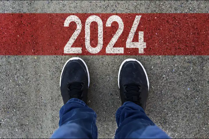 Silvester und Neujahr Konzept, ein Mann steht vor einer roten Linie mit der Aufschrift 2024 FOTOMONTAGE