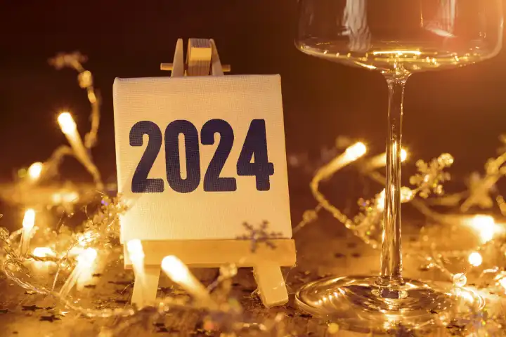 Tafel mit Aufschrift 2024 neben einem Glas und feierlich dekoriertem Hintergrund mit hellen Lichtern. Silvester und Neujahr Konzept FOTOMONTAGE