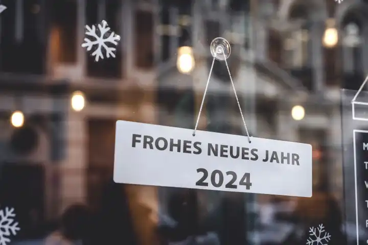 Frohes neues Jahr 2024 Gruß auf einem Schild in einem Schaufenster von einem Geschäft oder einem Restaurant FOTOMONTAGE