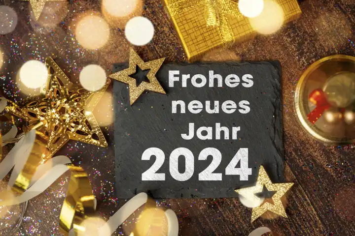 Symbolbild Neujahr Silvester 2024. Schiefertafel umgeben von goldener Dekoration mit der Aufschrift Frohes neues Jahr 2024 FOTOMONTAGE