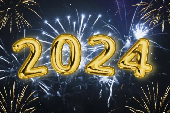 Neujahrswunsch 2024 und Silvester Konzept, Jahreszahl 2024 geschrieben mit goldenen Ballons vor blauem Feuerwerk am Himmel FOTOMONTAGE