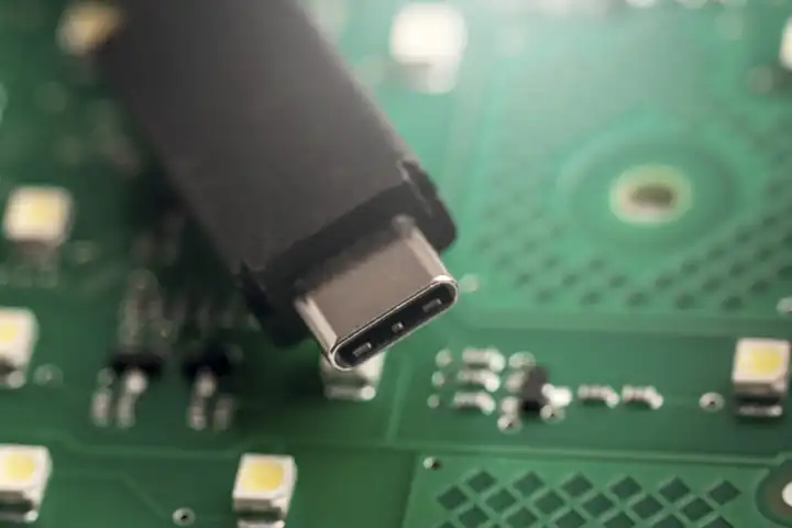Lade und Datenkabel mit USB-C Anschluss auf einer Computerplatine