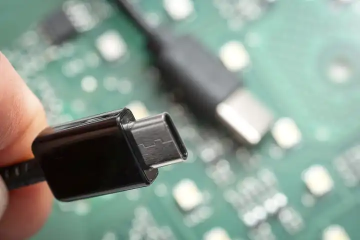Hand hält ein Lade und Datenkabel mit USB-C Anschluss vor einer Computerplatine 