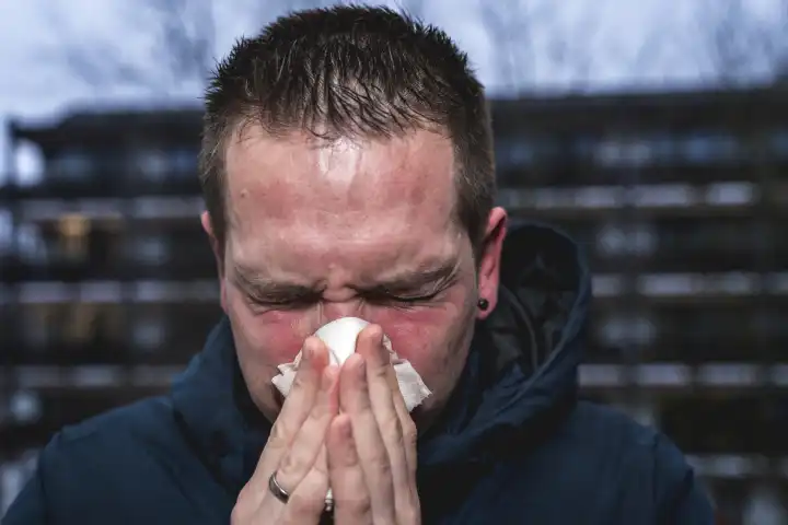 Ein kranker erkälteter Mann putzt sich mit einem Papiertaschentuch die Nase