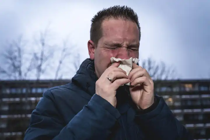 Ein kranker erkälteter Mann putzt sich mit einem Papiertaschentuch die Nase