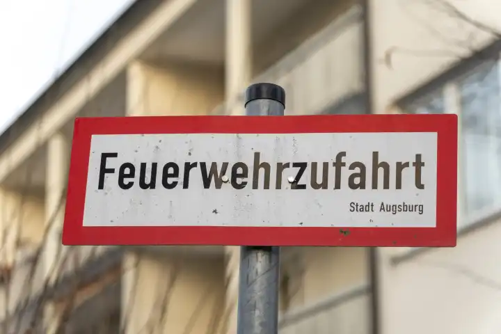 Augsburg, Bavaria, Germany - January 14, 2024: Fire department access sign in front of a residential building