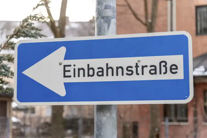 Augsburg, Bavaria, Germany - January 14, 2024: Traffic sign one-way street