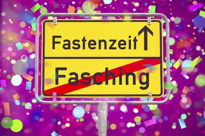 22 January 2024: Lent symbol image, sign in the middle of colorful confetti with the crossed-out word carnival and an arrow to Lent PHOTOMONTAGE