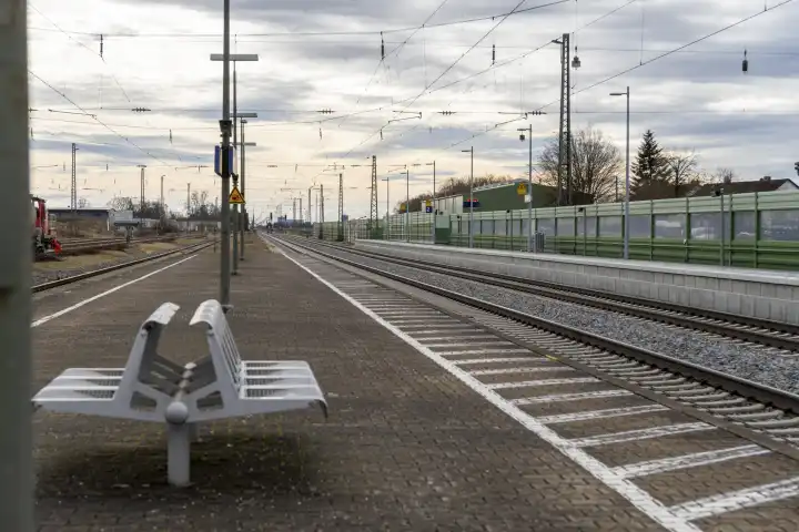 Gablingen, Bavaria, Germany - January 26, 2024: GDL strike symbolic image, an abandoned train station without trains or passengers during the rail strike in Gablingen, Bavaria