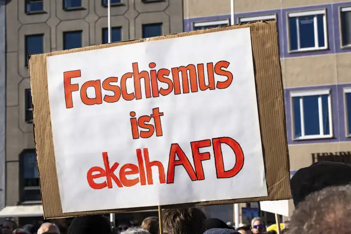 Augsburg, Bavaria, Germany - February 3, 2024: Slogans against right-wing extremism and a call to ban the AfD - Alternative for Germany on posters and banners at a large demonstration in Augsburg. Various people protest with signs in their hands for democracy under the motto Augsburg is colorful and Never again is now