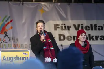 Augsburg, Bavaria, Germany - February 3, 2024: Matthias Lorentzen from the party Bündnis 90 Die Grünen opens a demonstration against the right in Augsburg