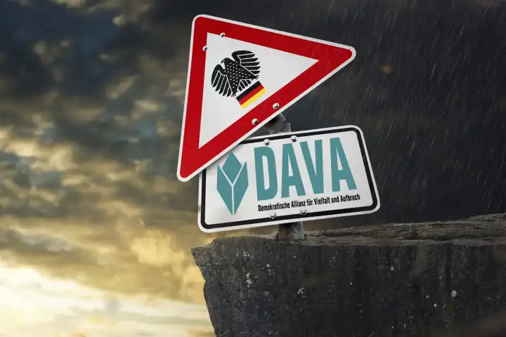 Verkehrsschild hängt über einem Abgrund mit dem Deutschen Bundesadler aus dem Bundestag und dem Logo der Dava-Partei. FOTOMONTAGE