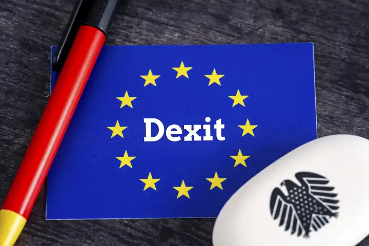 Dexit Schriftzug auf Einem Logo der Europäischen Union. Symbolbild für den Dexit hypothetischen Austritt Deutschlands aus Europa FOTOMONTAGE