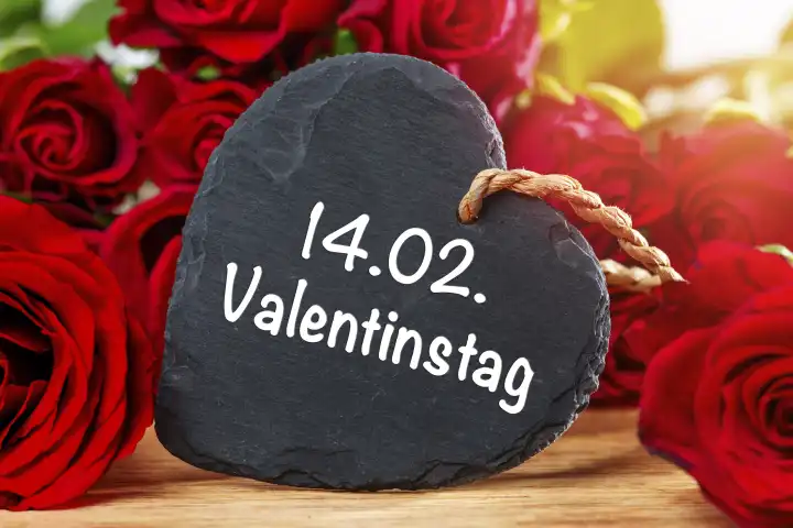 Valentinstag Gruß, 14.02. Valentinstag Schriftzug auf einem Herz vor roten Rosen FOTOMONTAGE