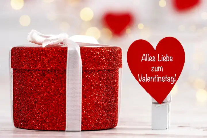 Alles Liebe zum Valentinstag! Gruß auf einem roten Herz neben einem Valentinsgeschenk FOTOMONTAGE 
