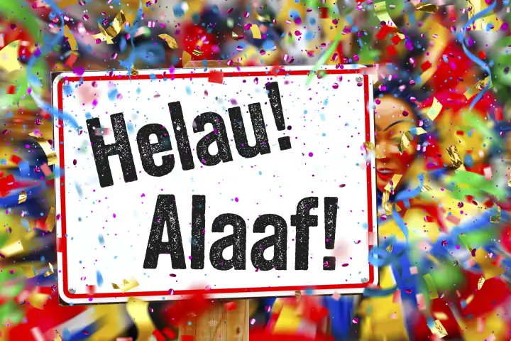 11 February 2024: Fool's call Helau! Alaaf! on a sign surrounded by party confetti and streamers. Carnival symbol. PHOTOMONTAGE
