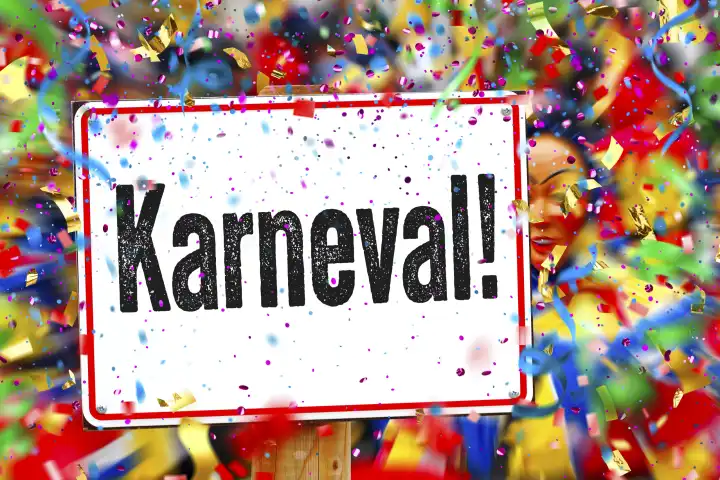 February 11, 2024: Carnival! Lettering on a sign surrounded by party confetti and streamers. Carnival symbol. PHOTOMONTAGE