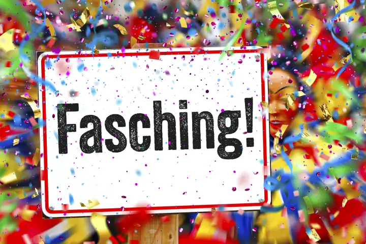 February 11, 2024: Carnival! Lettering on a sign surrounded by party confetti and streamers. Symbolic image of carnival. PHOTOMONTAGE