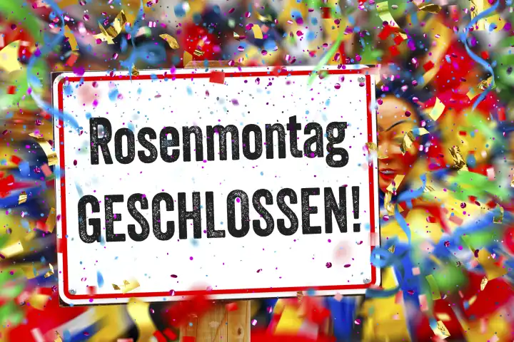 February 11, 2024: Closed on Rose Monday! Lettering on a sign surrounded by party confetti and streamers. Symbolic image of carnival. PHOTOMONTAGE