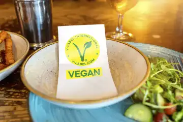 Teller mit Salat und Gemüse und einem Bier auf einem Tisch. Auf der Serviette ist ein V-Label als Siegel für vegan Lebensmittel abgebildet. Konzept vegane Ernährung. FOTOMONTAGE