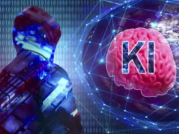 Weltkugel mit Gehirn und Roboter im Vordergrund und dem Text: KI - Künstliche Intelligenz. Symbolbild zur Welt der AI Programme, Fotos, Chatbots und co. FOTOMONTAGE