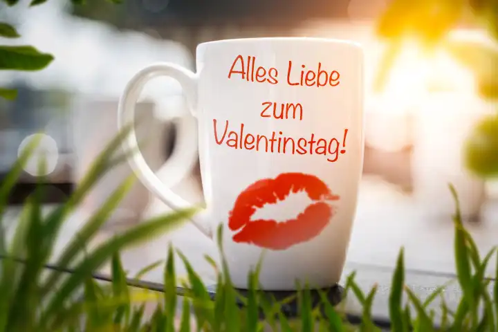 Alles Liebe zum Valentinstag, Gruß mit einem Kussmund auf einer Tasse Kaffee als Überraschung zum Frühstück. FOTOMONTAGE