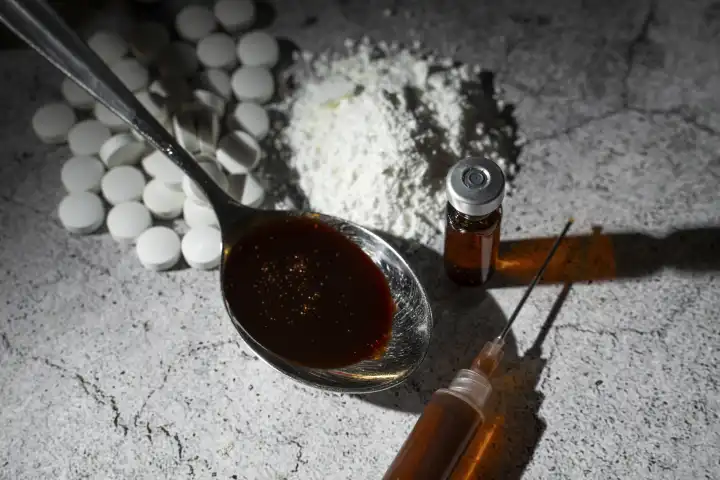 Symbolbild Drogen und illegale Substanzen. Ein Löffel mit einer braunen Flüssigkeiten neben einer Spritze, Tabletten und Pulver