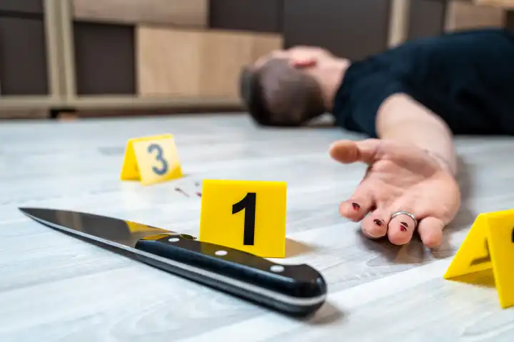 Symbolbild Tatort eines Mordfalls (gestellte Szene). Ein Mann liegt tot auf dem Boden in einer Wohnung. Markierungen von Beweisstücken der Polizei und mit Blut verschmierte Tatwaffe, ein Messer