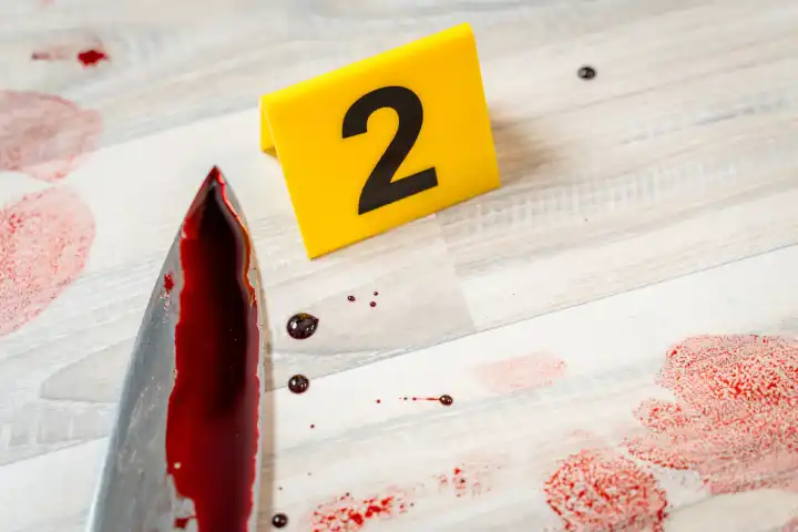  Symbolbild Tatort eines Mordfalls (gestellte Szene). Mit Blut verschmierter Mann liegt auf dem Boden mit Beweismittel Markierungen der Polizei