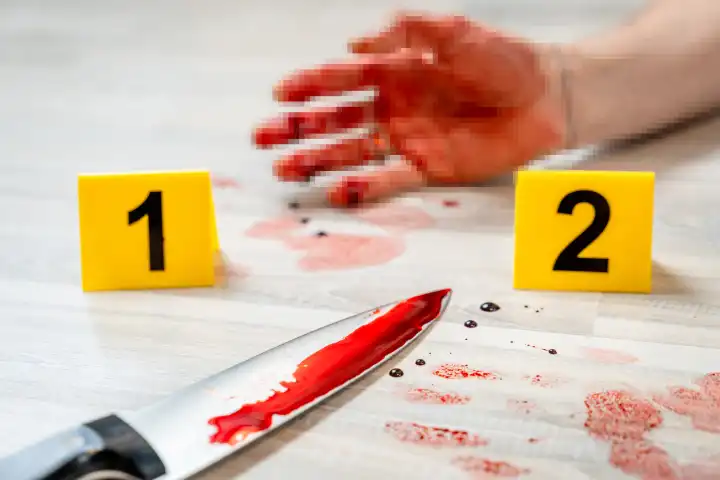Symbolbild Tatort eines Mordfalls (gestellte Szene). Mit Blut verschmierter Mann liegt auf dem Boden mit Beweismittel Markierungen der Polizei. Hand zensiert FOTOMONTAGE