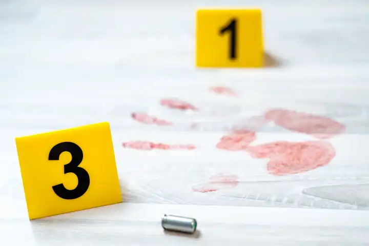Symbolbild Tatort eines Mordfalls (gestellte Szene). Eine Kugel von einer Pistole neben Blut auf dem Boden, markiert mit einer Polizei Beweismittel Markierung