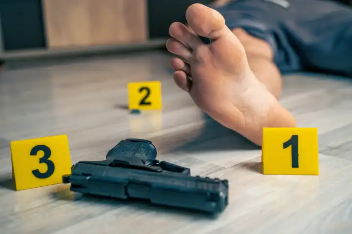 Symbolbild Tatort eines Mordfalls (gestellte Szene). Mann liegt ermordet mit einer Schusswaffe in der Wohnung. Beweismittel Markierungen der Polizei an Kugel und Pistole