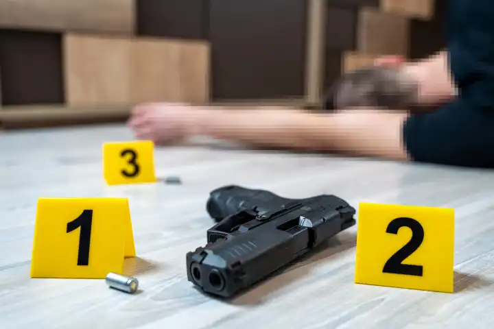 Symbolbild Tatort eines Mordfalls (gestellte Szene). Mann liegt ermordet mit einer Schusswaffe in der Wohnung. Beweismittel Markierungen der Polizei an Kugel und Pistole
