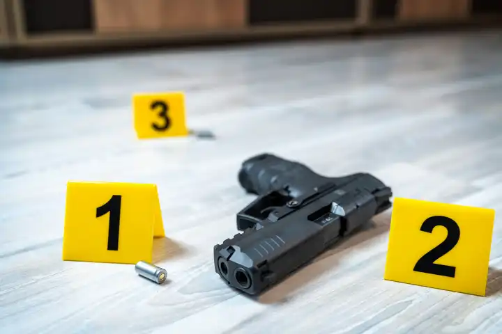 Symbolbild Tatort nach einer Schießerrei (gestellte Szene). Pistole mit Patronenhüsel auf dem Boden verteilt mit Beweismittel Markierungen der Polzei
