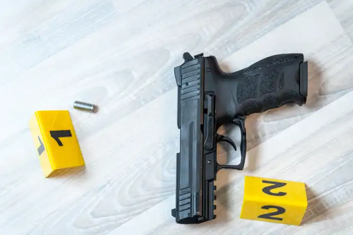 Symbolbild Tatort nach einer Schießerrei (gestellte Szene). Pistole mit Patronenhüsel auf dem Boden verteilt mit Beweismittel Markierungen der Polzei