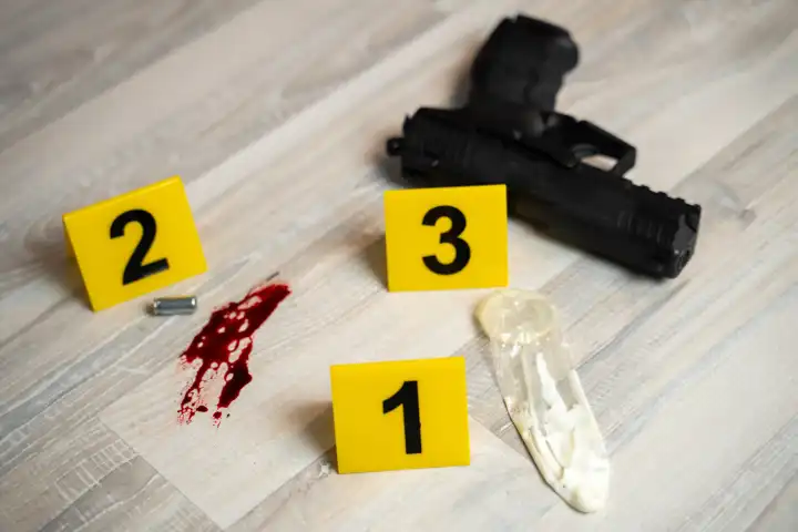 Symbolbild Tatort nach einem Sexualdelikt (gestellte Szene). Beweismittel Markierungen der Polizei neben Kondom und Tatwaffe. Sexueller Übergriff