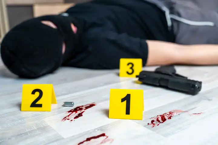 Symbolbild Kriminal Szene (gestellte Szene). Ein Maskierter Einbrecher liegt tot auf dem Boden neben einer Pistole und einer Patronenhülse markiert mit Beweismittel Markierungen der Polzei 