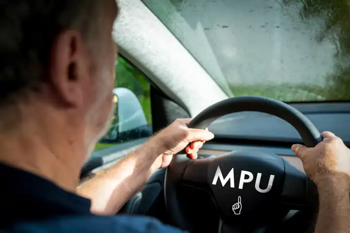 MPU (Medizinisch-Psychologische Untersuchung) Schriftzug auf einem Lenkrad von einem Auto das ein alter Mann fährt. FOTOMONTAGE