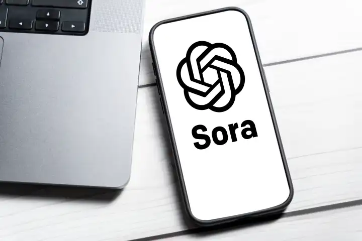 OpenAI Sora Logo auf einem Smartphone Display FOTOMONTAGE